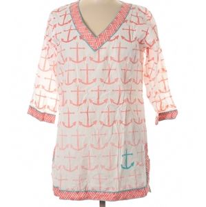 Anchor Print Coral Teal Ombre Pop Over Blouse SZ S